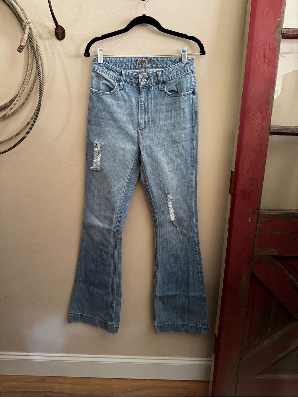 Kimes Ranch Jennifer Sugar Fade Light Blue Distressed Flare Jeans